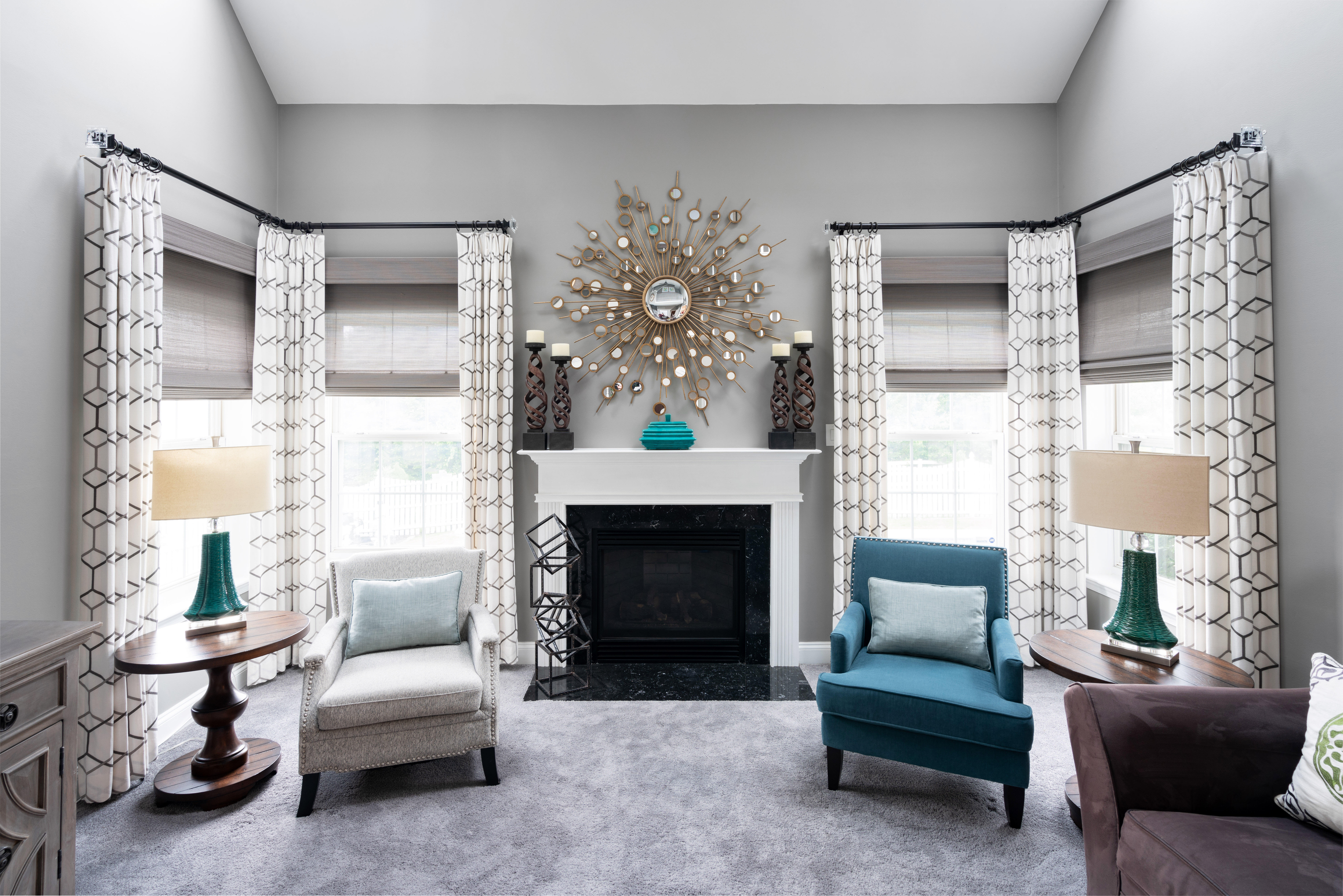 Grey Family Room with pops of Blue