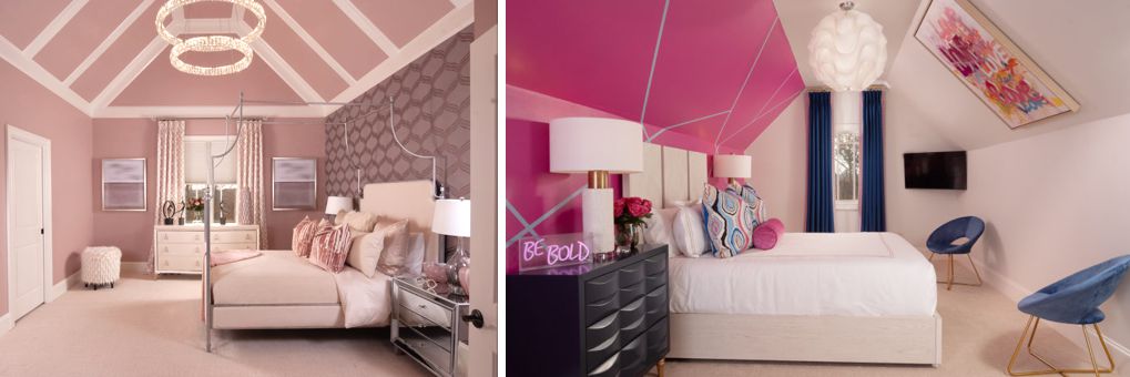 Tall or angled ceilings can be a challenge in any room and these two bedrooms are good examples of how to deal with height and angles.