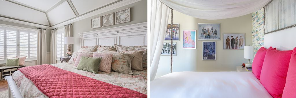 Two bedrooms with touches of pink for breast cancer awareness month.