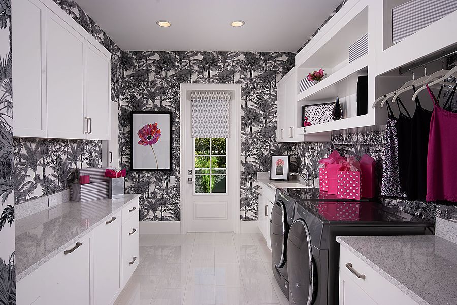 Use wallpaper in unexpected places like this laundry. Who wouldn't want to do laundry?