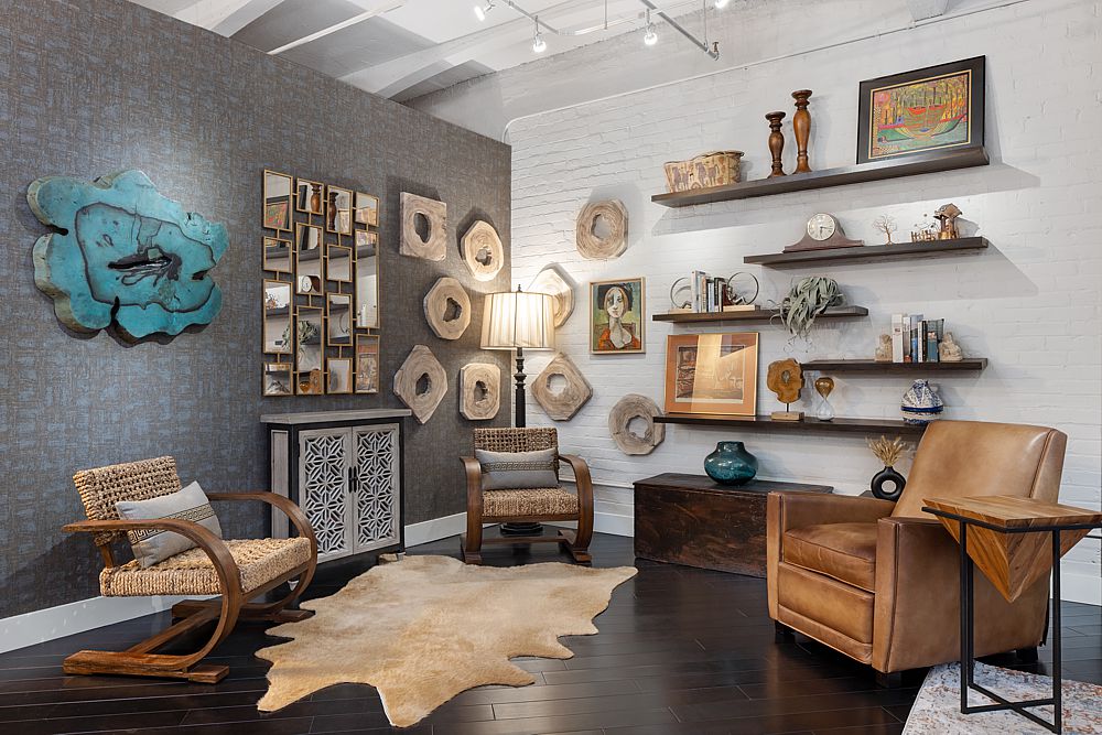 Multiple materials, colors and textures combined in a contemporary home excite the senses and create an eclectic living space.