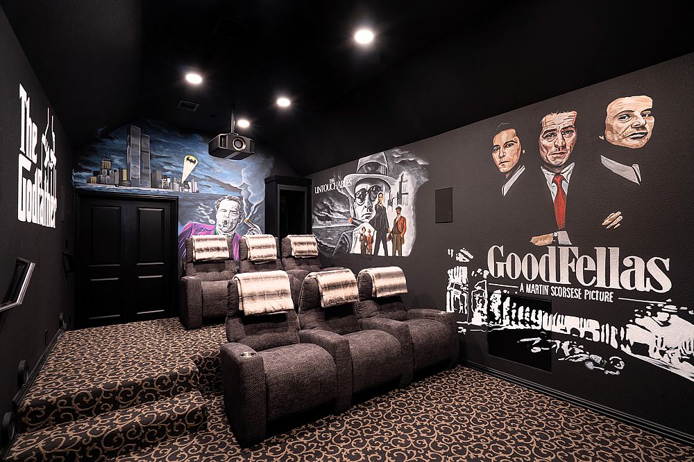 A custom mural completes this family movie theater.